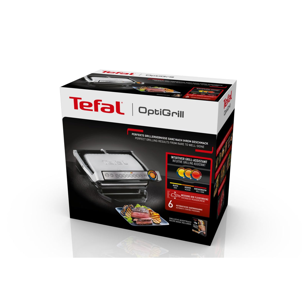 Tefal OptiGrill Kontaktgrill – Elektrogrill mit 6 automatischen Programmen, Garstufenanzeige und automatischer Temperaturanpassung, Auftau- und Manueller Modus, abnehmbare antihaftbeschichtete Platten
