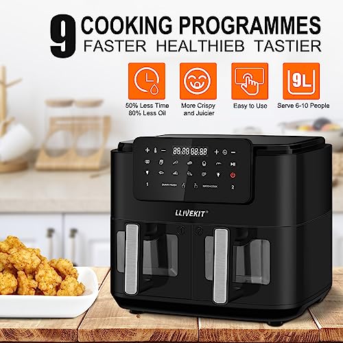 LLIVEKITDigital Doppel Zone Oil Free Heißluftfritteuse 9 L Groß für Familie