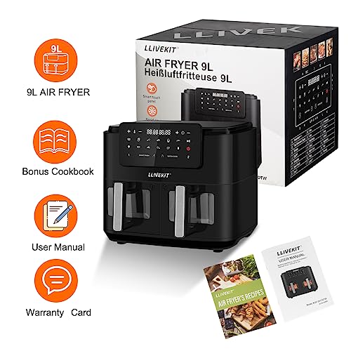LLIVEKITDigital Doppel Zone Oil Free Heißluftfritteuse 9 L Groß für Familie