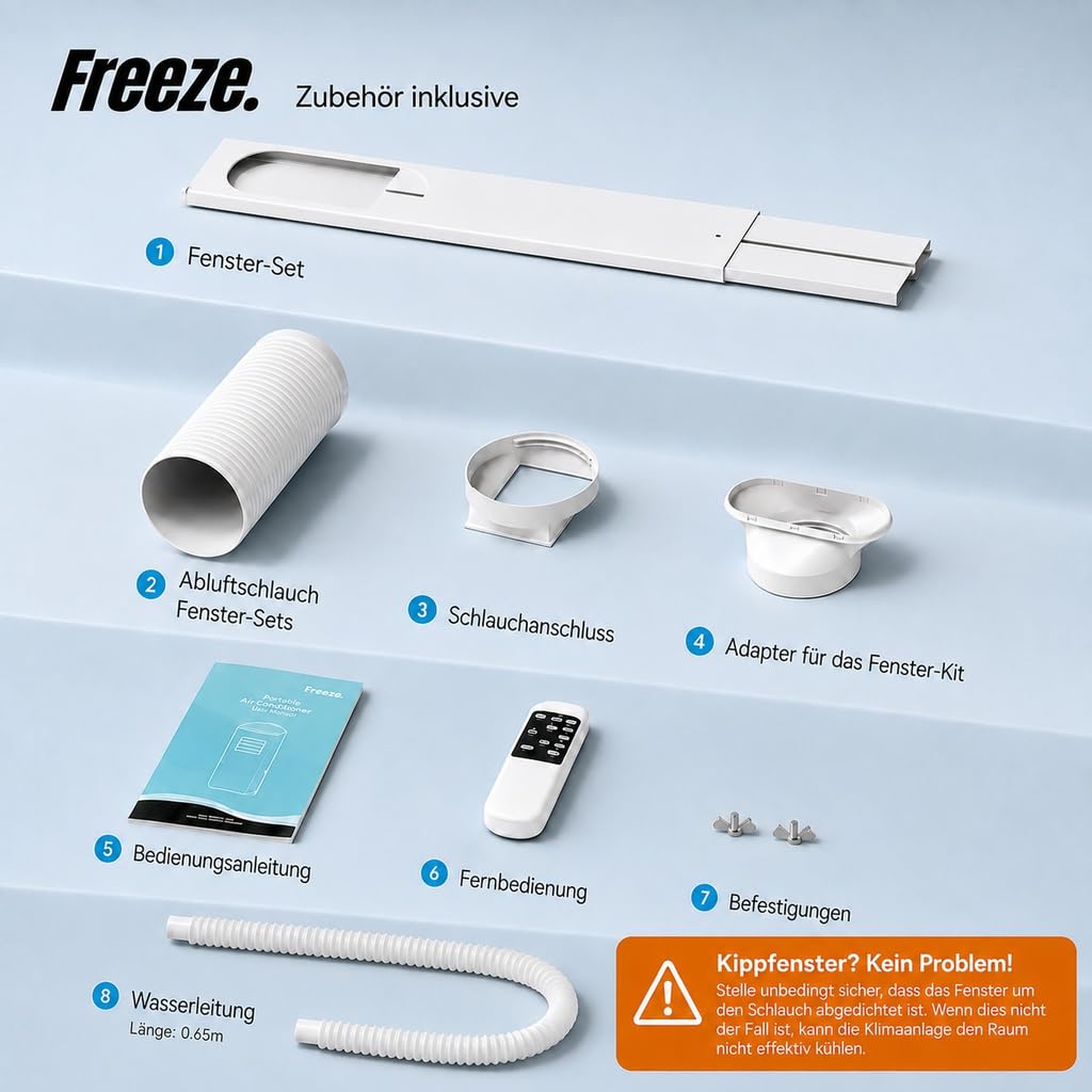 Freeze. seven 7000BTU Mobile Klimaanlage Weiß – Monoblock-Klimagerät mit LED-Display & Fernbedienung, Timer und Sleep‑Modus, verstellbarer Luftauslass, Kindersicherung, inkl. Abluftschlauch & Fenster