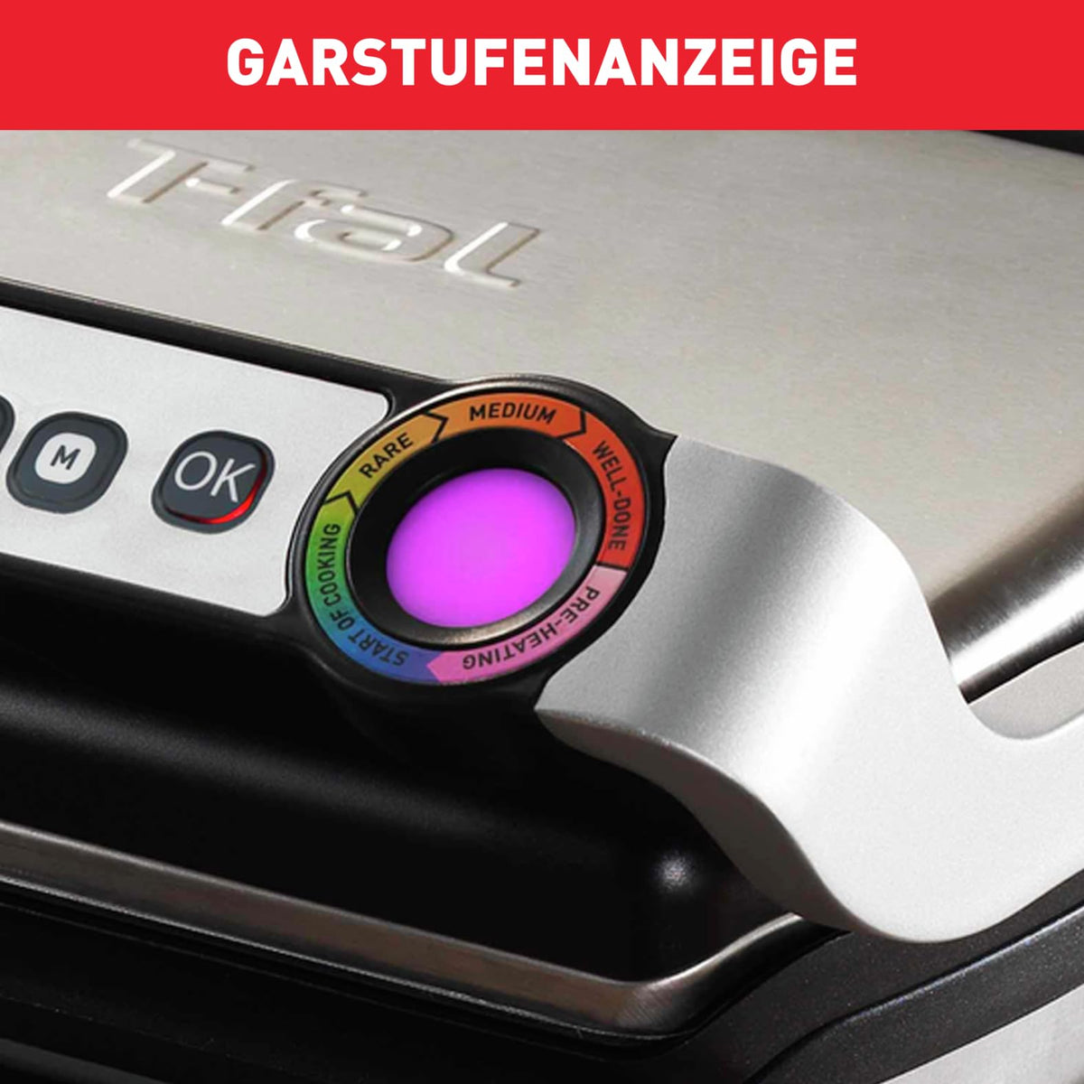 Tefal OptiGrill Kontaktgrill – Elektrogrill mit 6 automatischen Programmen, Garstufenanzeige und automatischer Temperaturanpassung, Auftau- und Manueller Modus, abnehmbare antihaftbeschichtete Platten