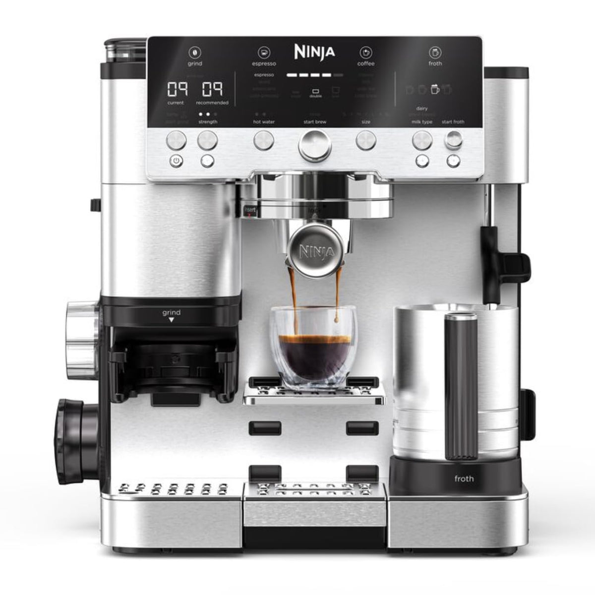 Ninja Luxe Premier 3-in-1-Kaffeemaschine mit Mahlwerk & Aufschäumer, Silber