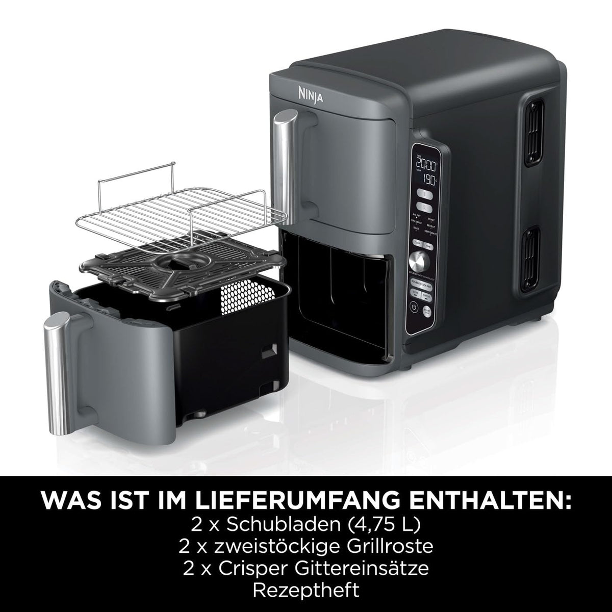 Ninja Double Stack XL Heißluftfritteuse, 9,5 L, 6 Kochfunktionen, Grau
