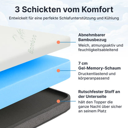 MKS.® Gel Topper 90x200 cm, H3 Matratzentopper mit 7 cm Gel-Memory-Schaum, KomfortKissen Matratzenauflage mit 3D-Luftstrom, Viskoelastische Matratzenauflagen mit abnehmbarem Bambusbezug