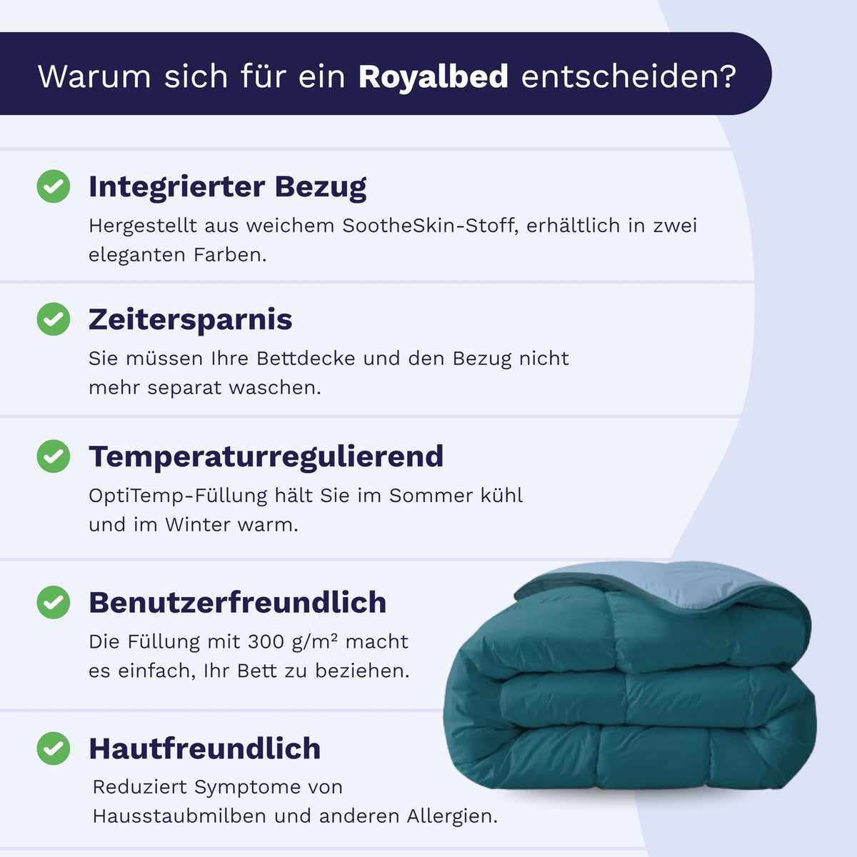Zelesta Royalbed 135x200 cm 4 Jahreszeiten Decke ohne Bezug – 2-in-1 mit festem Bezug, waschbar & trocknergeeignet, hypoallergen, atmungsaktiv, temperaturregulierend