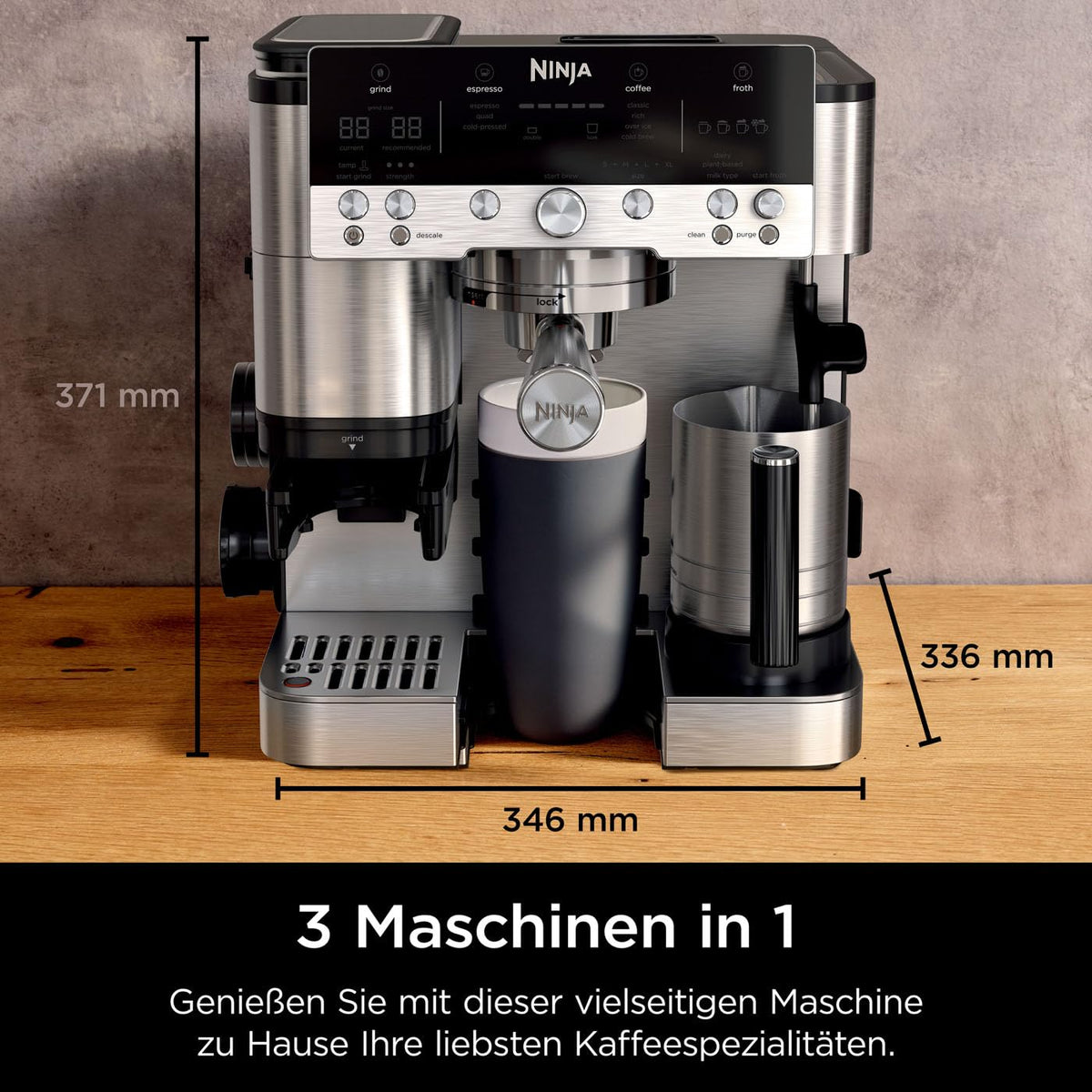 Ninja Luxe Premier 3-in-1-Kaffeemaschine mit Mahlwerk & Aufschäumer, Silber