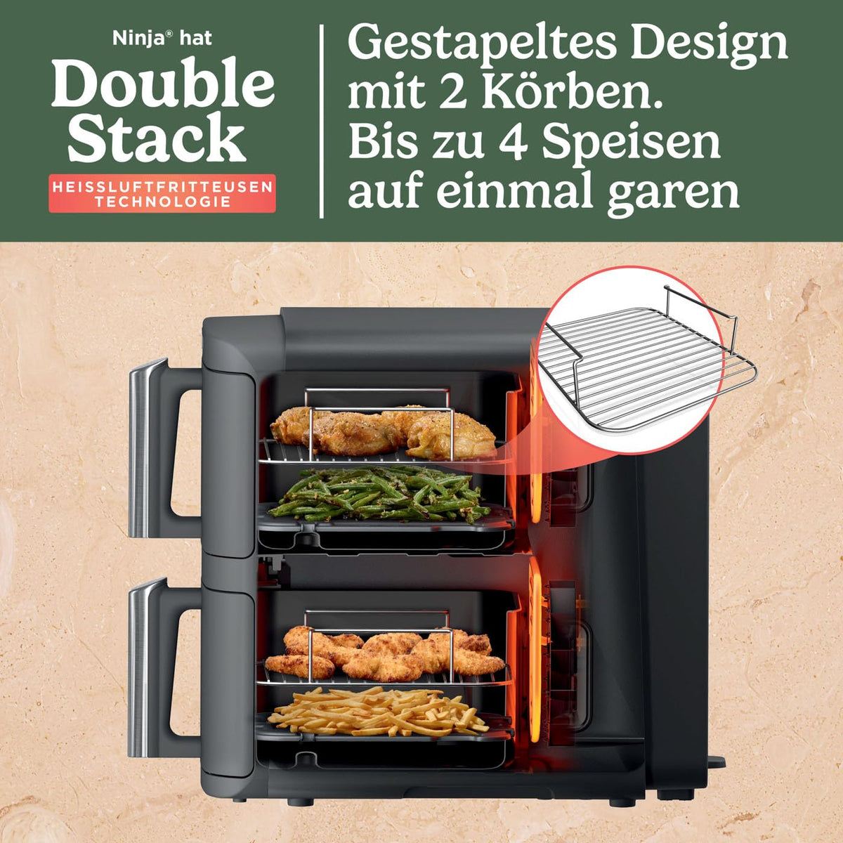 Ninja Double Stack XL Heißluftfritteuse, 9,5 L, 6 Kochfunktionen, Grau