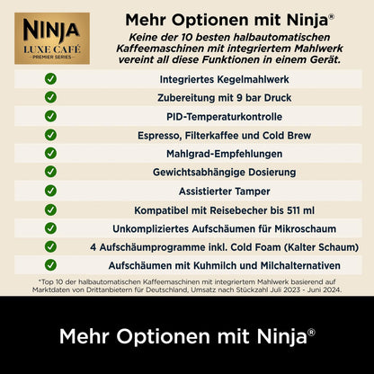 Ninja Luxe Premier 3-in-1-Kaffeemaschine mit Mahlwerk & Aufschäumer, Silber