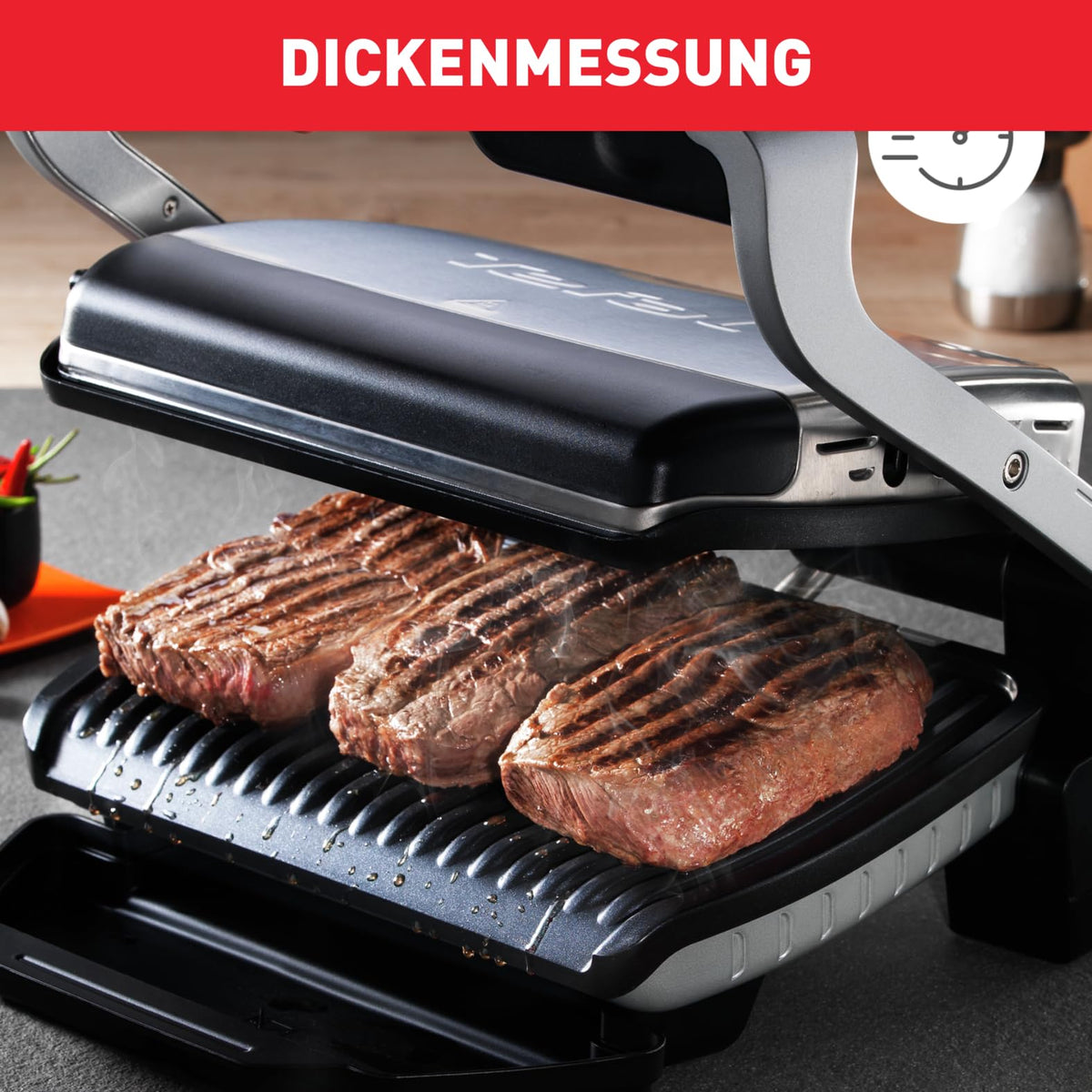 Tefal OptiGrill Kontaktgrill – Elektrogrill mit 6 automatischen Programmen, Garstufenanzeige und automatischer Temperaturanpassung, Auftau- und Manueller Modus, abnehmbare antihaftbeschichtete Platten
