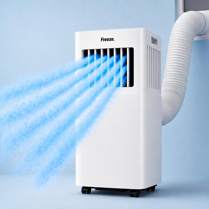 Freeze. seven 7000BTU Mobile Klimaanlage Weiß – Monoblock-Klimagerät mit LED-Display & Fernbedienung, Timer und Sleep‑Modus, verstellbarer Luftauslass, Kindersicherung, inkl. Abluftschlauch & Fenster