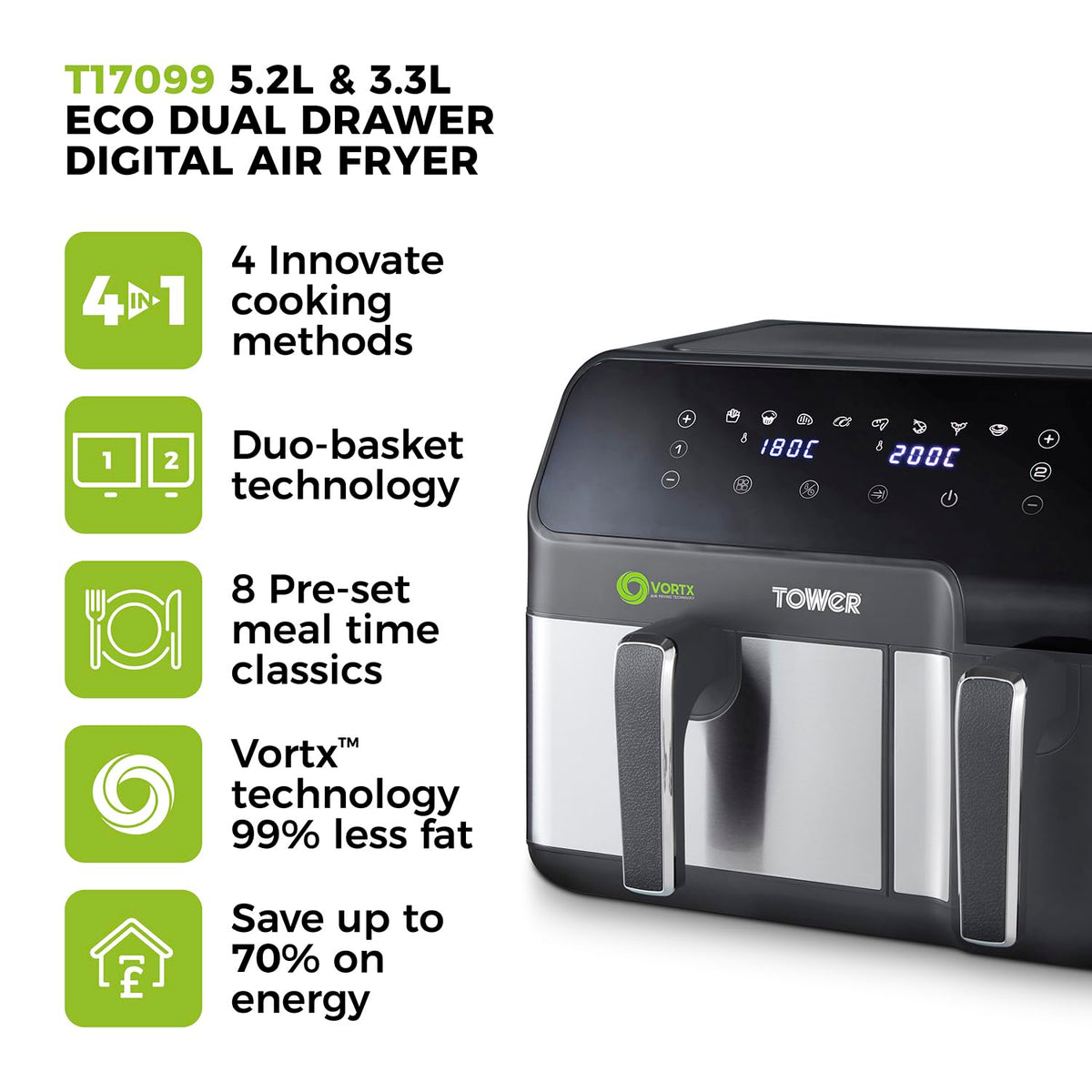 Tower Vortx 5.2L and 3.3L Eco Dual Drawer Air Fryer