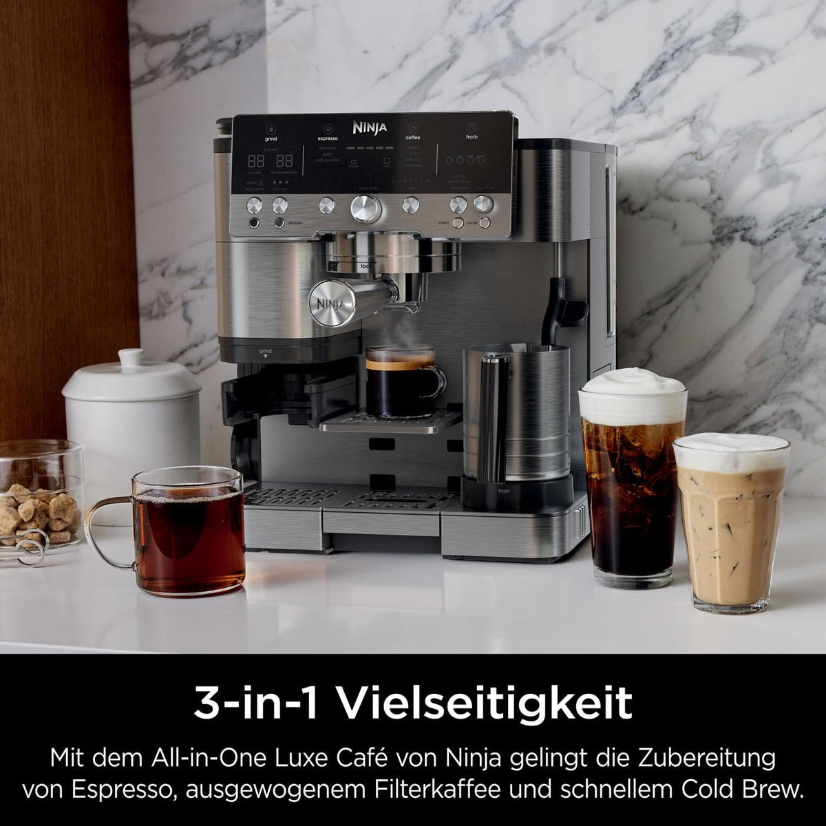 Ninja Luxe Premier 3-in-1-Kaffeemaschine mit Mahlwerk & Aufschäumer, Silber