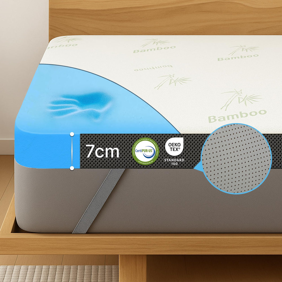 MKS.® Gel Topper 90x200 cm, H3 Matratzentopper mit 7 cm Gel-Memory-Schaum, KomfortKissen Matratzenauflage mit 3D-Luftstrom, Viskoelastische Matratzenauflagen mit abnehmbarem Bambusbezug