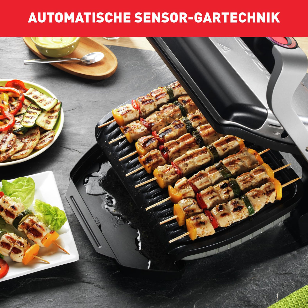 Tefal OptiGrill Kontaktgrill – Elektrogrill mit 6 automatischen Programmen, Garstufenanzeige und automatischer Temperaturanpassung, Auftau- und Manueller Modus, abnehmbare antihaftbeschichtete Platten