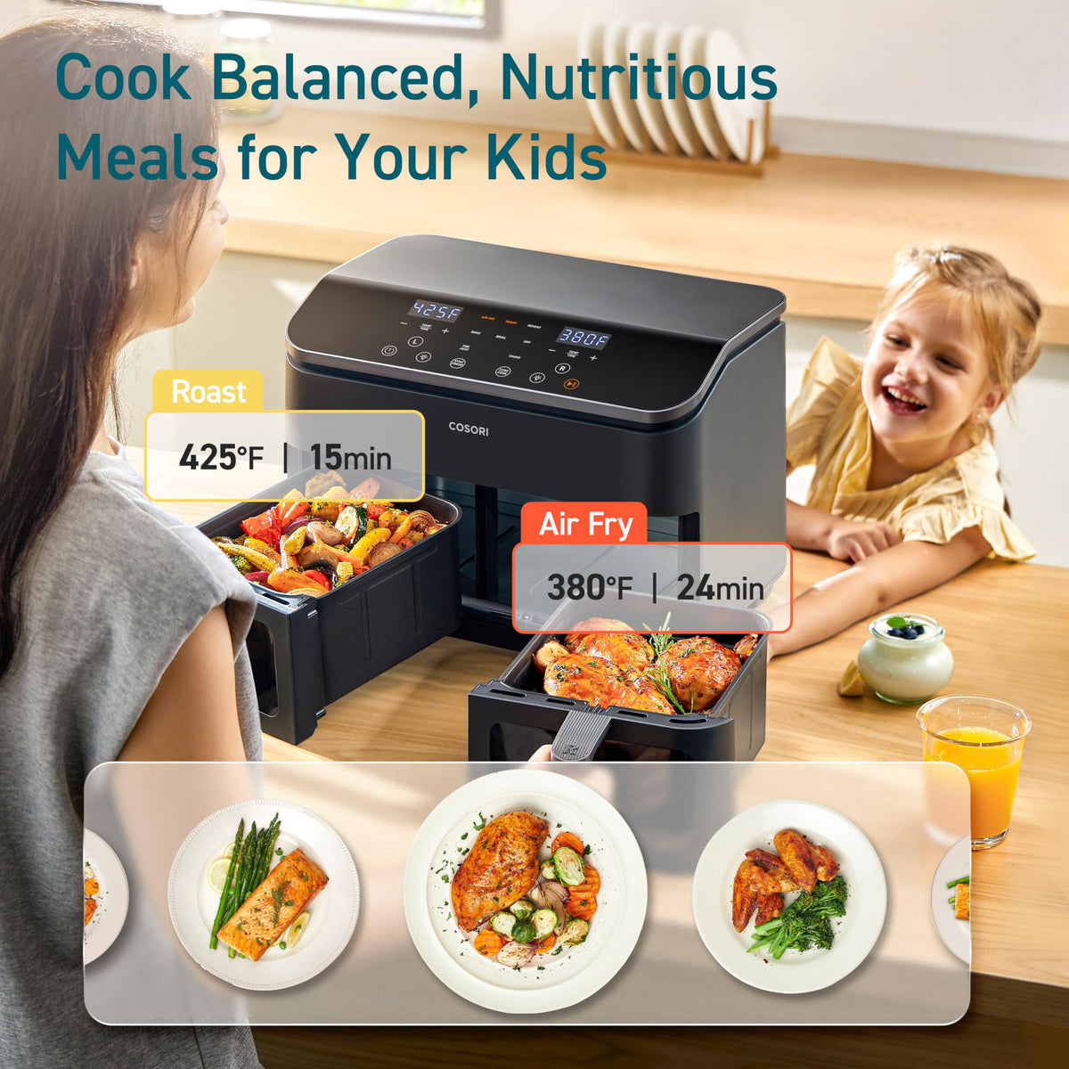 Cosori Dual Air Fryer, 9QT, 10-in-1,Sync Cook & Finish, Max 450°F